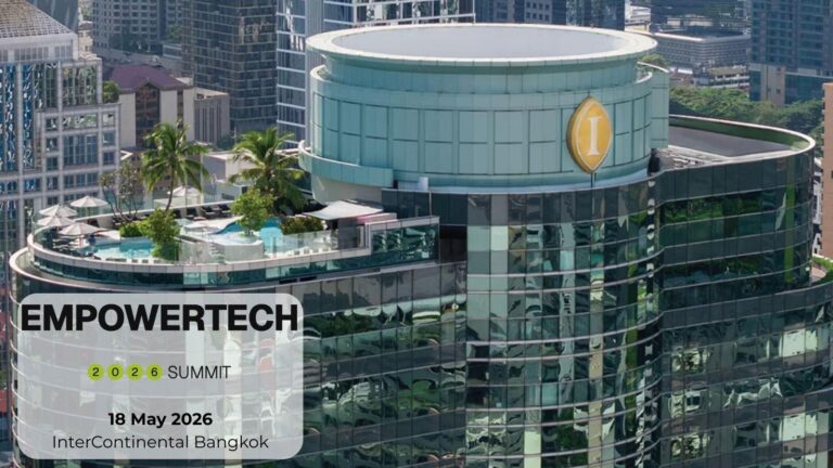 Aerial view of a curved glass office building with a rooftop pool and palm trees, overlaid with the text 'EMPOWERTECH 2026 SUMMIT' and date details '18 May 2026, InterContinental Bangkok'