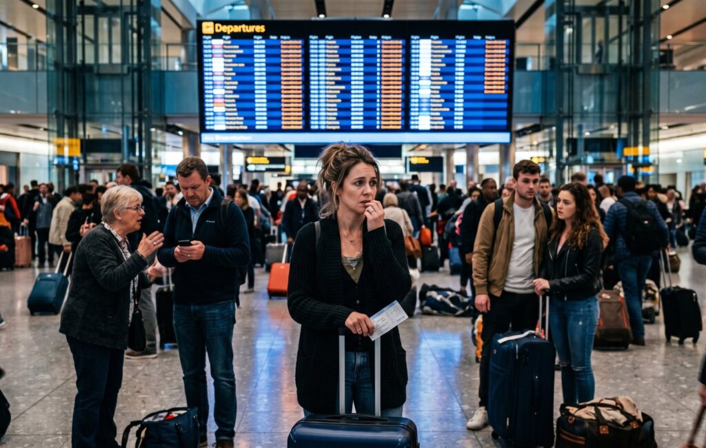 Woman with a blue suitcase holding a boarding pass in a busy airport departures hall with a large flight board overhead.