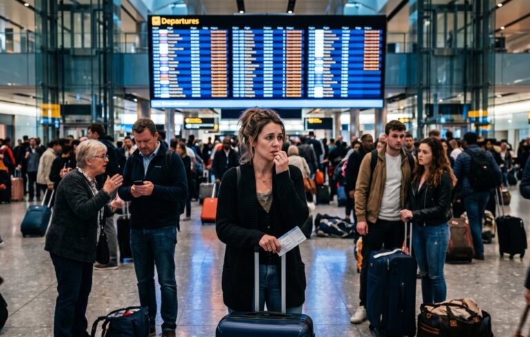 Woman with a blue suitcase holding a boarding pass in a busy airport departures hall with a large flight board overhead.