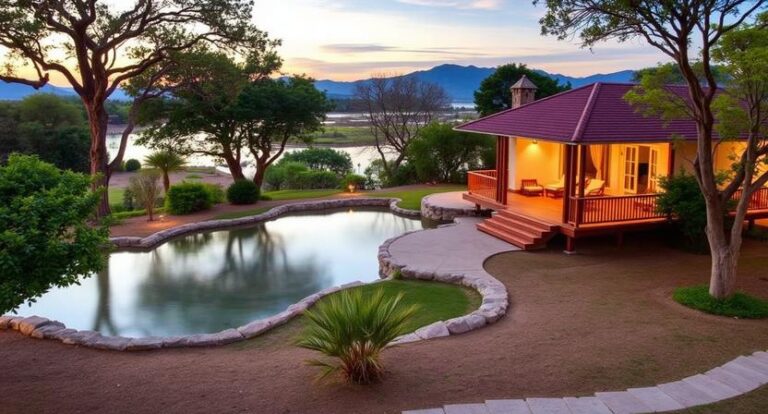 Sunset view of a landscaped backyard with a kidney-shaped pool, stone edging, palm plant, and a lit wooden gazebo beside a house.
