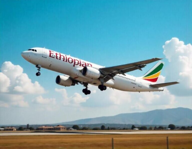 Ethiopian Airlines plane lifting off from runway with blue sky and clouds in the background.