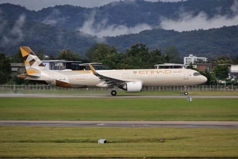 Etihad Airways passenger jet on the runway, taxiing with mountains in the distance.
