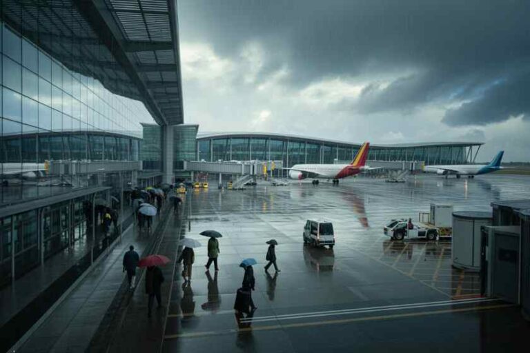 Rainy day at a modern glass-fronted airport: passengers with umbrellas walk on a wet tarmac toward parked planes at the gates.