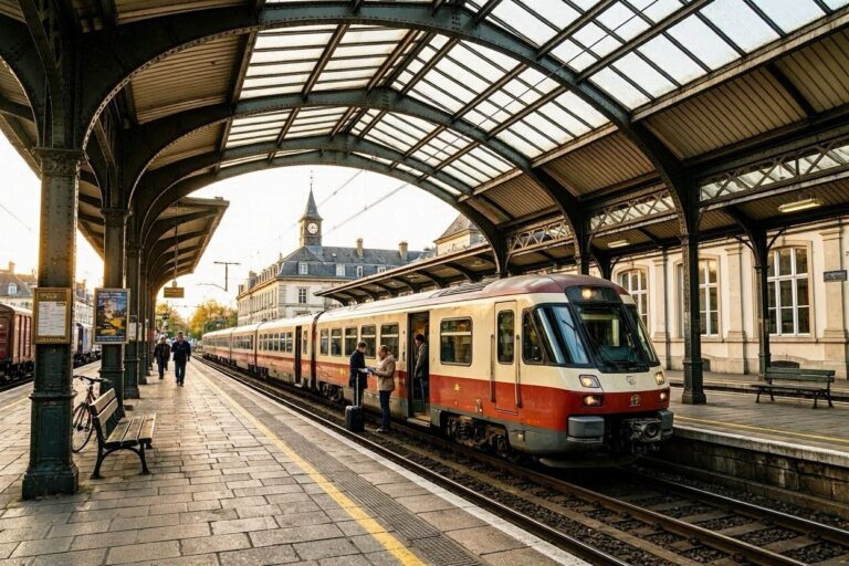 Electric train at a historic station platform under a glass-and-iron canopy, passengers boarding.