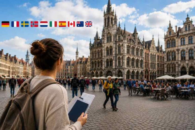 Backpacker with a backpack and map in a busy European square, facing a grand Gothic town hall with outdoor cafes nearby.