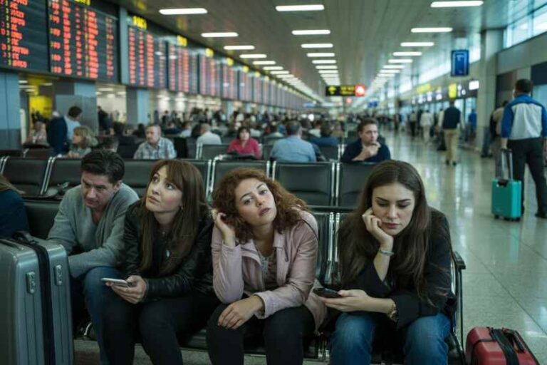 Group of four travelers seated in an airport terminal with suitcases, waiting and looking tired or bored as flight boards display overhead.
