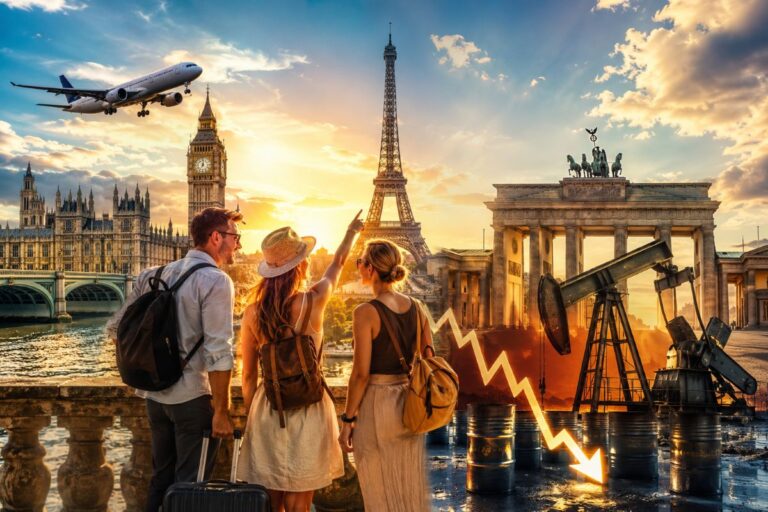 Three travelers with backpacks gaze at a sunset collage of world landmarks (Big Ben, Eiffel Tower, Brandenburg Gate) beside oil pumps.