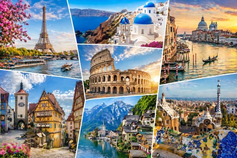 Collage of iconic European destinations: Eiffel Tower, Santorini blue-domed churches, Venice canals, the Colosseum, alpine village by a lake, timber-framed German town, and Gaudí mosaic terrace.