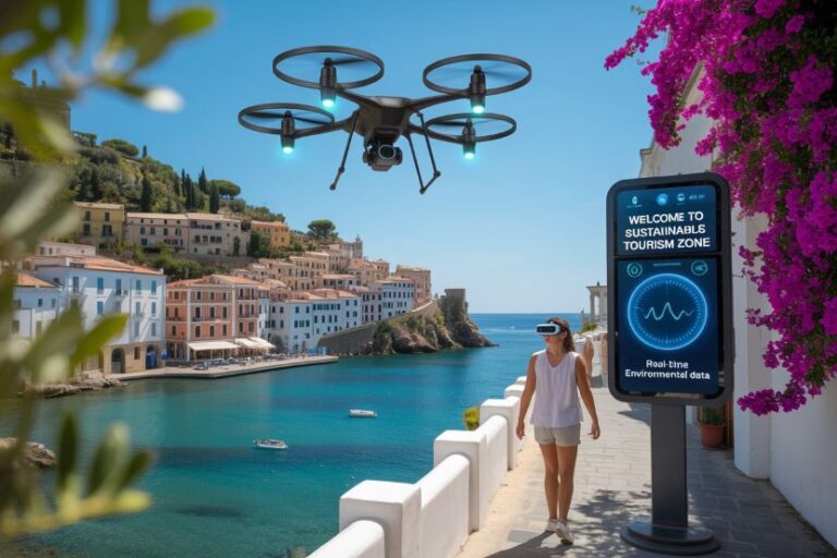 Drone hovers over a sunny coastal town as a woman in a white top and shorts wears a VR headset beside a sign about sustainable tourism and real-time environmental data.