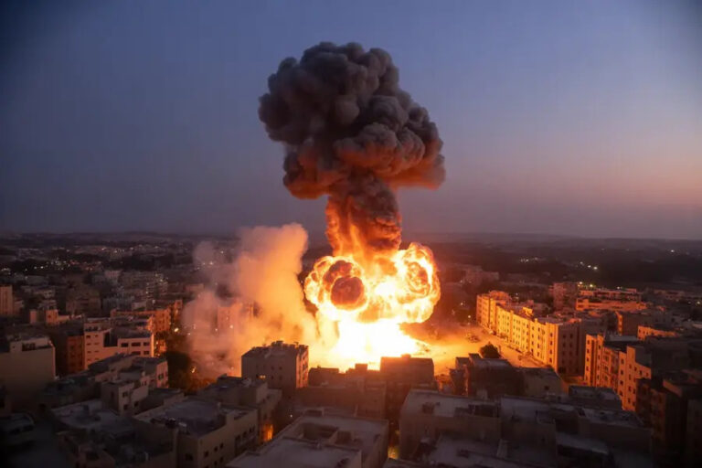 Massive explosion unfolds over a city at dusk, with a bright fireball and dark smoke plume rising above buildings.