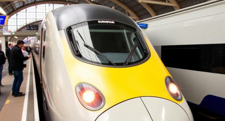Eurostar high-speed train at a platform, front view with yellow and white livery.Thank you