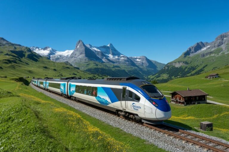 Sleek blue-and-white passenger train on curved tracks through a green alpine valley with snow-capped mountains under a clear blue sky.