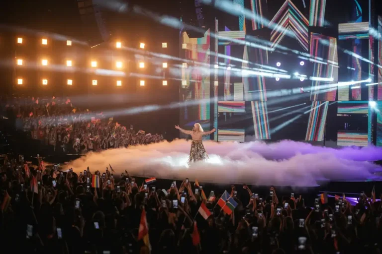 Performer on a fog-filled stage with vibrant LED panels and a cheering crowd holding up phones and flags at a concert.