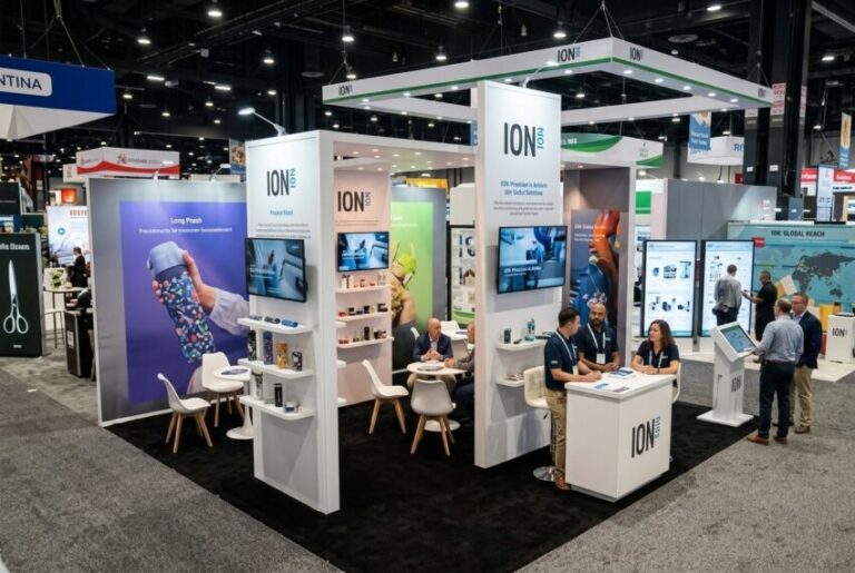 Trade show booth for ION with white pillars, desks, and attendees interacting at a conference floor press area.
