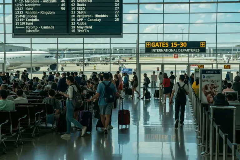 Busy airport departure hall with travelers standing and sitting, luggage carts visible, large gate sign for Gates 15–30 and international departures outside windows.
