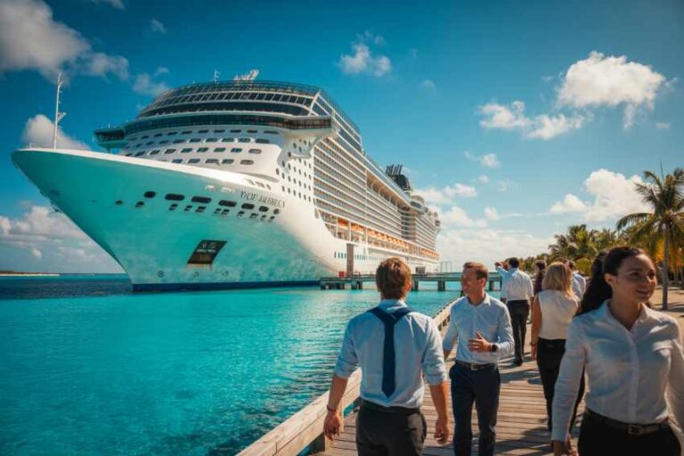 Large white cruise ship moored at a tropical port with clear blue water, as people in business attire walk along a wooden dock nearby.