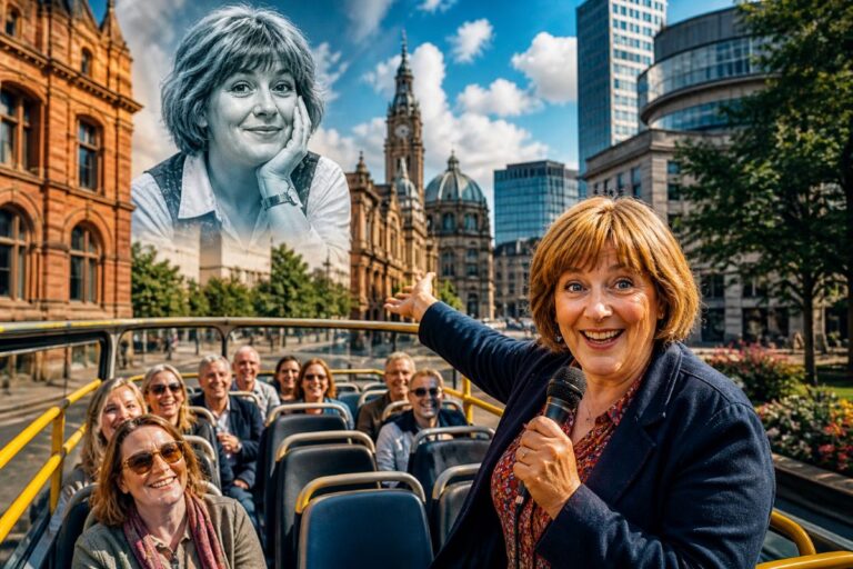 Tour guide on an open-top bus leading a city sightseeing tour with smiling passengers on board.