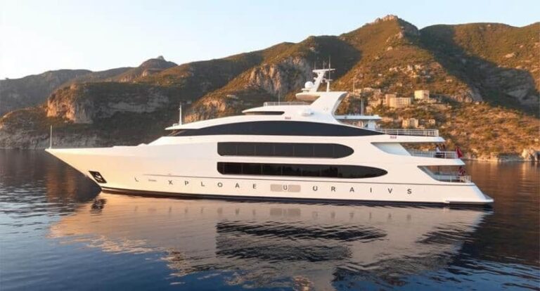 White luxury motor yacht on calm water with rugged, sunlit hills in the background at golden hour.