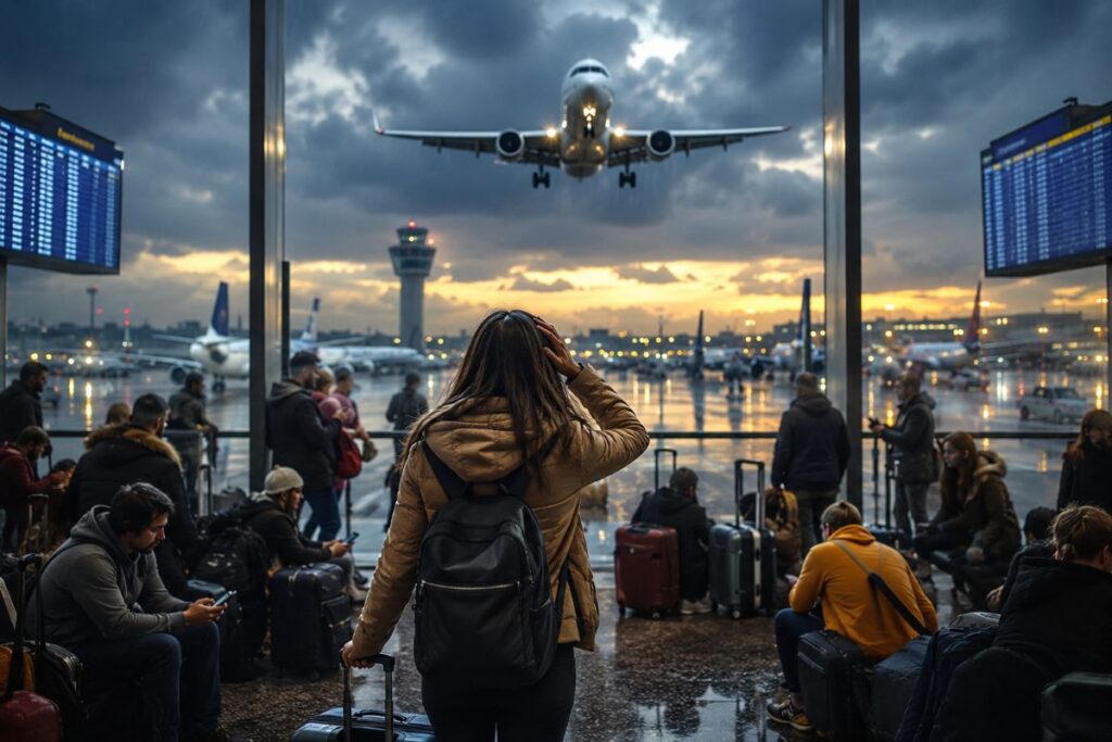 Traveler with a backpack stands among seated passengers and rolling suitcases as a plane approaches the terminal at sunset.