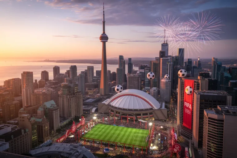Aerial view of downtown Toronto at sunset with the CN Tower, a large soccer stadium, FIFA banners, and fireworks above the skyline.
