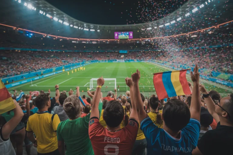 Packed soccer stadium at night with fans celebrating, confetti raining onto the pitch and players visible on the field.
