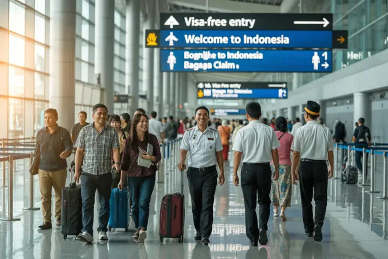 Busy airport terminal with travelers pulling wheeled luggage; signs say Visa-free entry and Welcome to Indonesia.