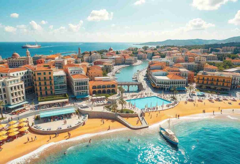 Aerial view of a Mediterranean seaside town with orange rooftops, a curved harbor, and a sandy beach by turquoise water.