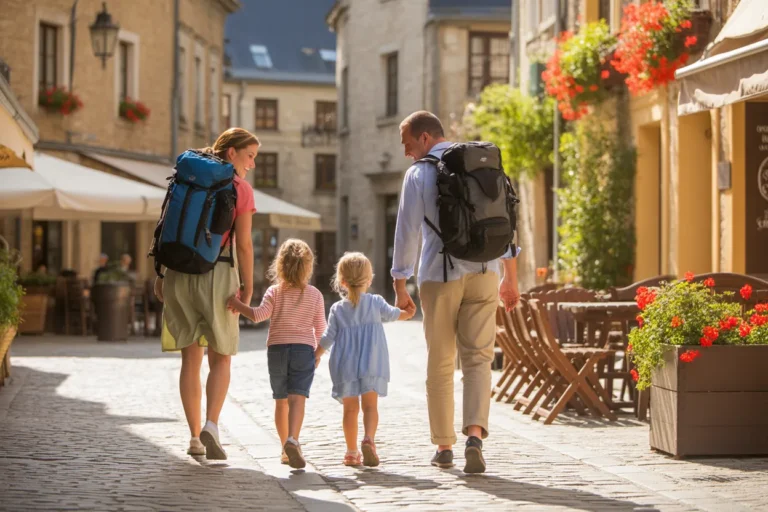 Family of four with backpacks walking hand-in-hand down a sunny cobblestone street in a European town.