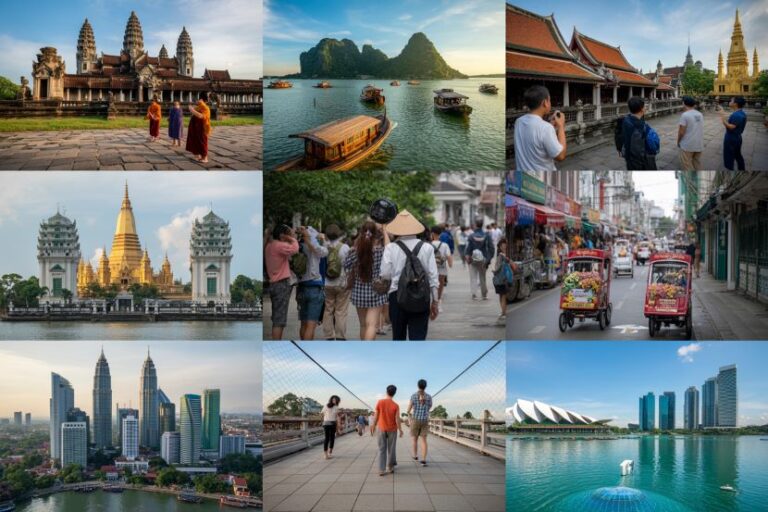 Collage of Southeast Asia travel scenes: Angkor Wat, Ha Long Bay boats, Bangkok temple precinct, golden pagoda, busy street with vendors and scooters, city skylines, a pedestrian bridge, and a modern waterfront.
