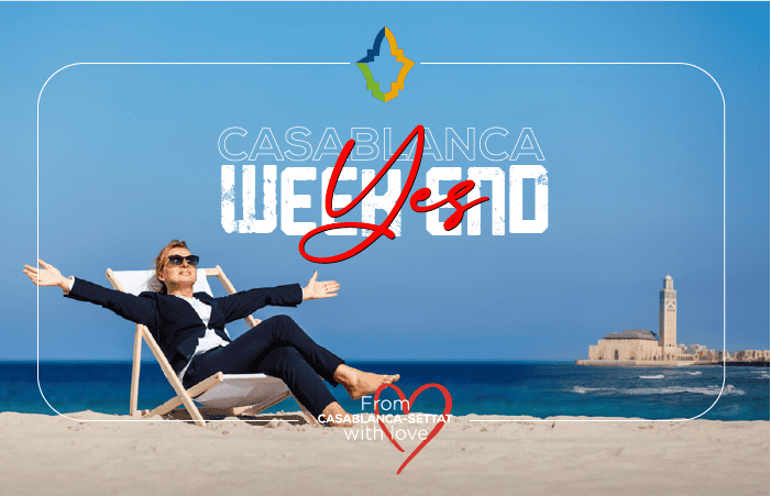 Promotional banner showing a woman in a chair on a sandy beach with the sea and a lighthouse, and the branding 'CASABLANCA WEEKEND' in bold letters.