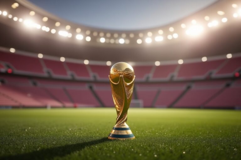 Gold trophy on a soccer pitch under stadium lights, centered with blurred stands in the background.