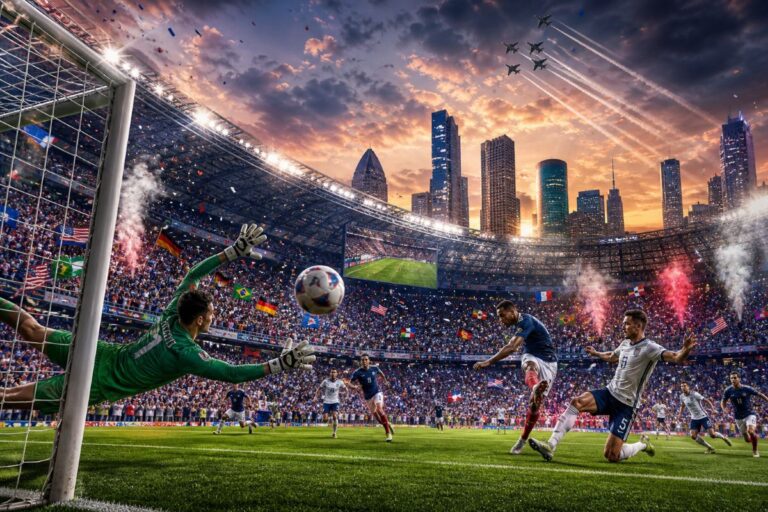 Soccer goalkeeper dives to save a shot near the goal as attackers press in a packed stadium at sunset with a city skyline in the background.