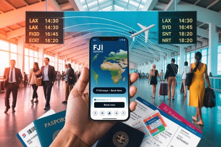 Close-up of a phone screen showing the FI Airways booking app with a world map, held over travel documents in a busy airport terminal.