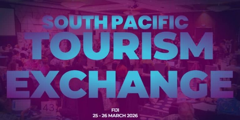Banner for the South Pacific Tourism Exchange in Fiji, 25–26 March 2026, with attendees in a conference hall.