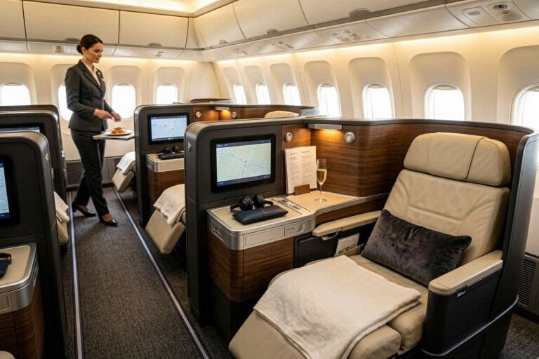 Luxurious business-class airplane cabin with private suites and a flight attendant serving a plated meal.