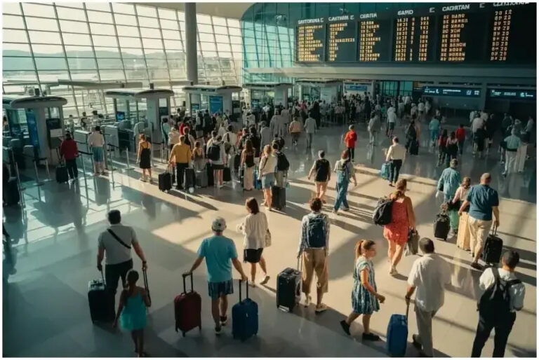 Busy airport terminal concourse with travelers waiting and luggage, and a large flight information board overhead in the background.