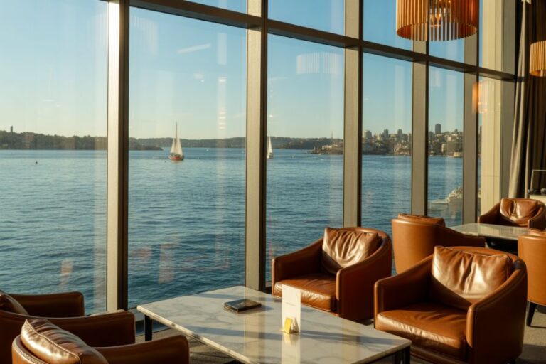 Lounge area with brown leather chairs and a marble table, overlooking blue water and sailboats through large floor-to-ceiling windows.