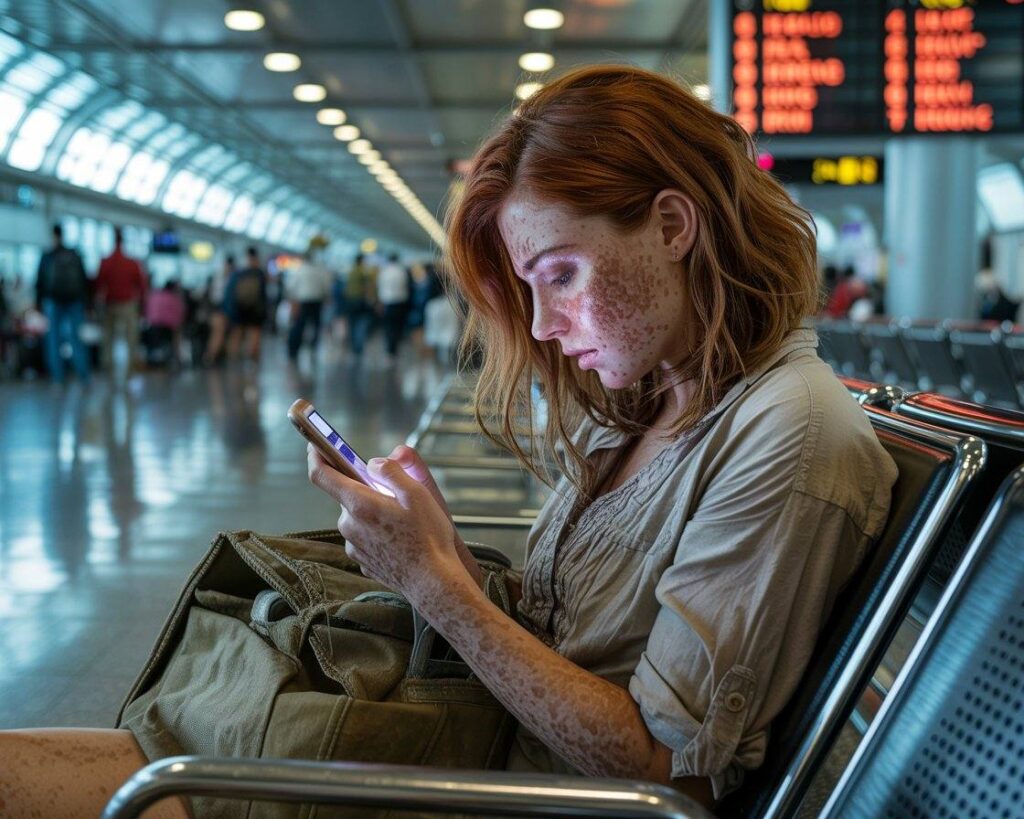Woman with vitiligo sits in an airport terminal on a row of seats, focused on her smartphone as she types.