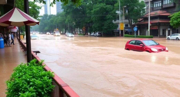 Street heavily flooded after rain; a red compact car is partially submerged in the murky water along a city street, with shops, trees, and a sidewalk on the left.