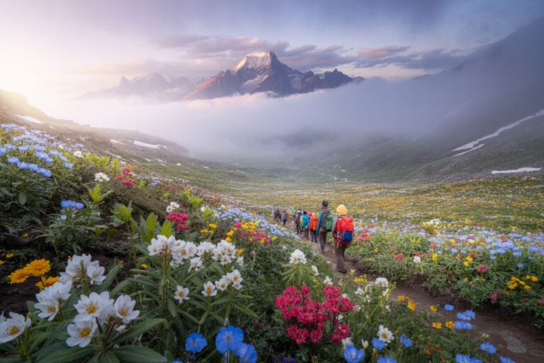 Group of hikers with colorful backpacks walking along a flower-filled valley toward distant snow-capped mountains at sunrise/sunset in a misty landscape.