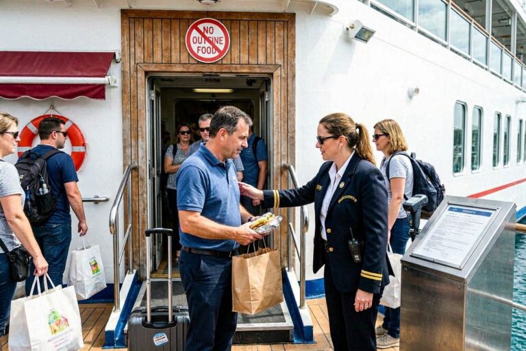 Crew member in uniform hands a meal to a man disembarking from a cruise ship, exchanging a paper bag near the gangway with a 'No Outside Food' sign visible above the door.