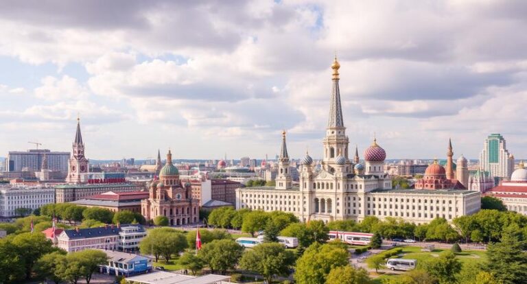 Panoramic view of Moscow's Kremlin with its historic walls, towers, and green spaces under a partly cloudy sky.