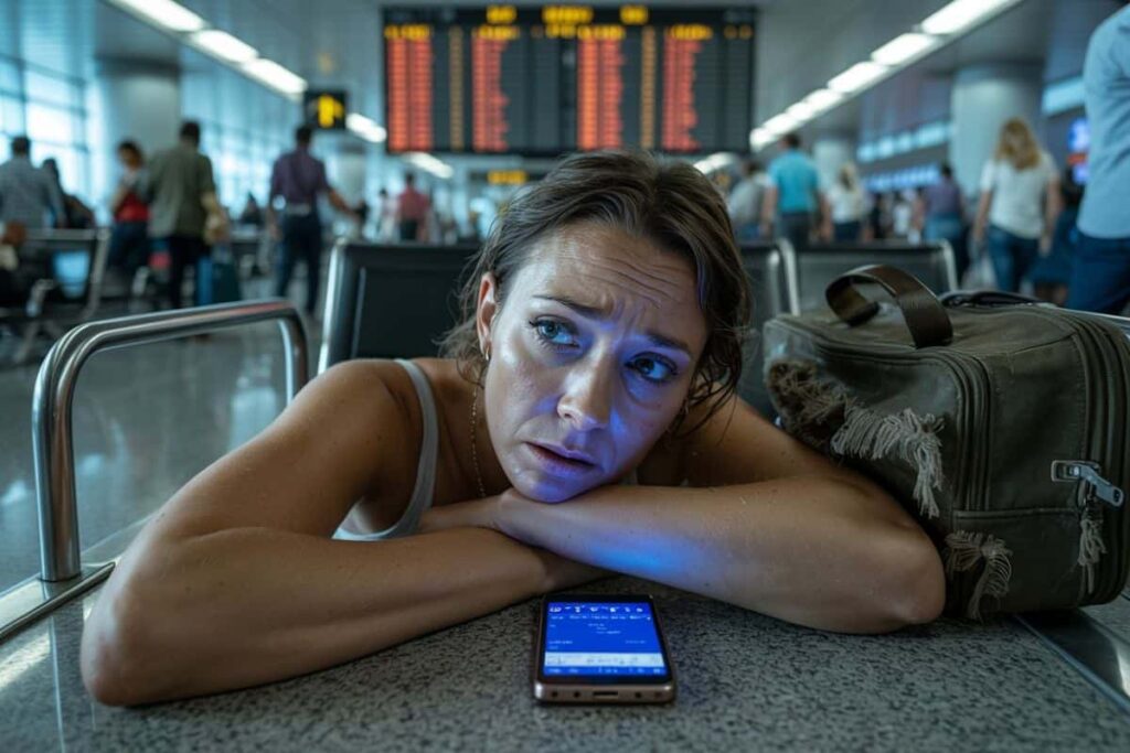 Tired woman resting her head on crossed arms on an airport counter, blue-lit phone screen in front, backpack beside.