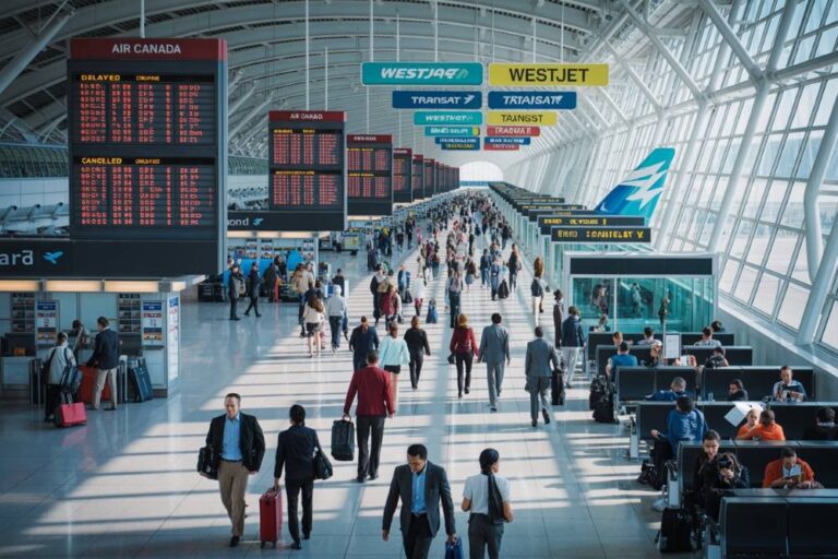 Busy airport terminal with large electronic departure boards and colorful signs overhead