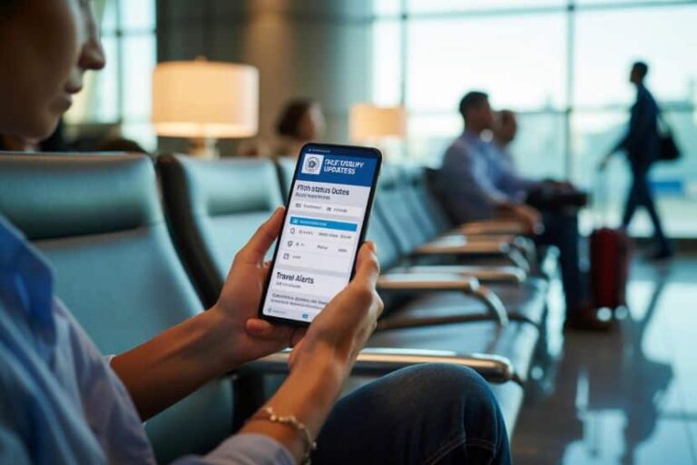 Person in an airport lounge reads travel updates on a smartphone screen.