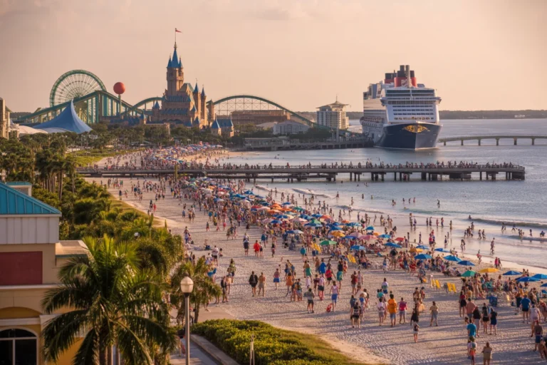 Crowded tropical beach at sunset with colorful umbrellas, a wooden pier, and a large cruise ship docked near a castle-like resort.