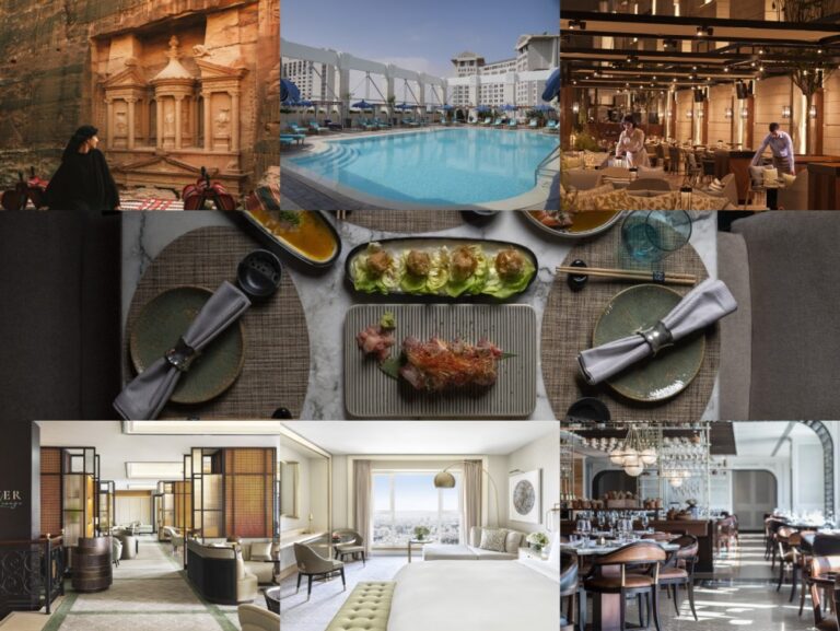 Collage of luxury travel scenes: ancient carved facade with a person in dark clothing, a bright resort pool with cabanas, and an upscale outdoor dining area at night.