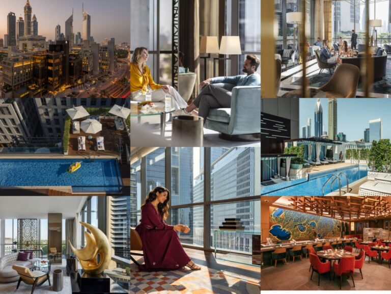 Collage showing a modern luxury hotel: city skyline, lounges, rooftop pool, dining room, and guest relaxing by a window.