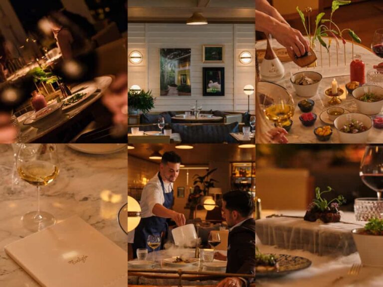 Collage of a fine-dining restaurant: intimate tables, a waiter serving, a chef plating, and wine on a marble table.