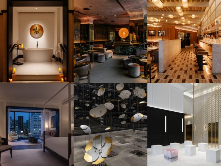 Six-panel collage of upscale hotel interiors: spa-style bathroom, moody lounge, contemporary bar/restaurant, city-view bedroom, suspended sculpture installation, and minimalist marble lobby.